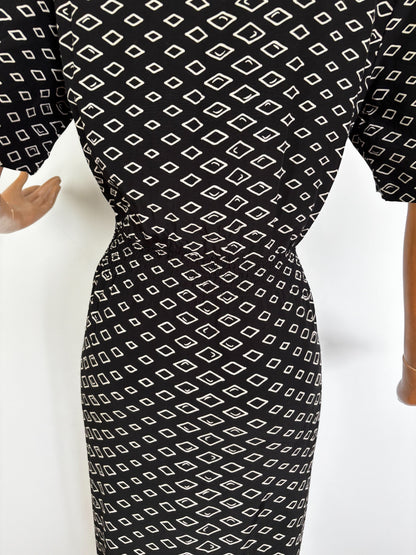L | 1940s Style Black and White Wrap Dress With Diamond Print