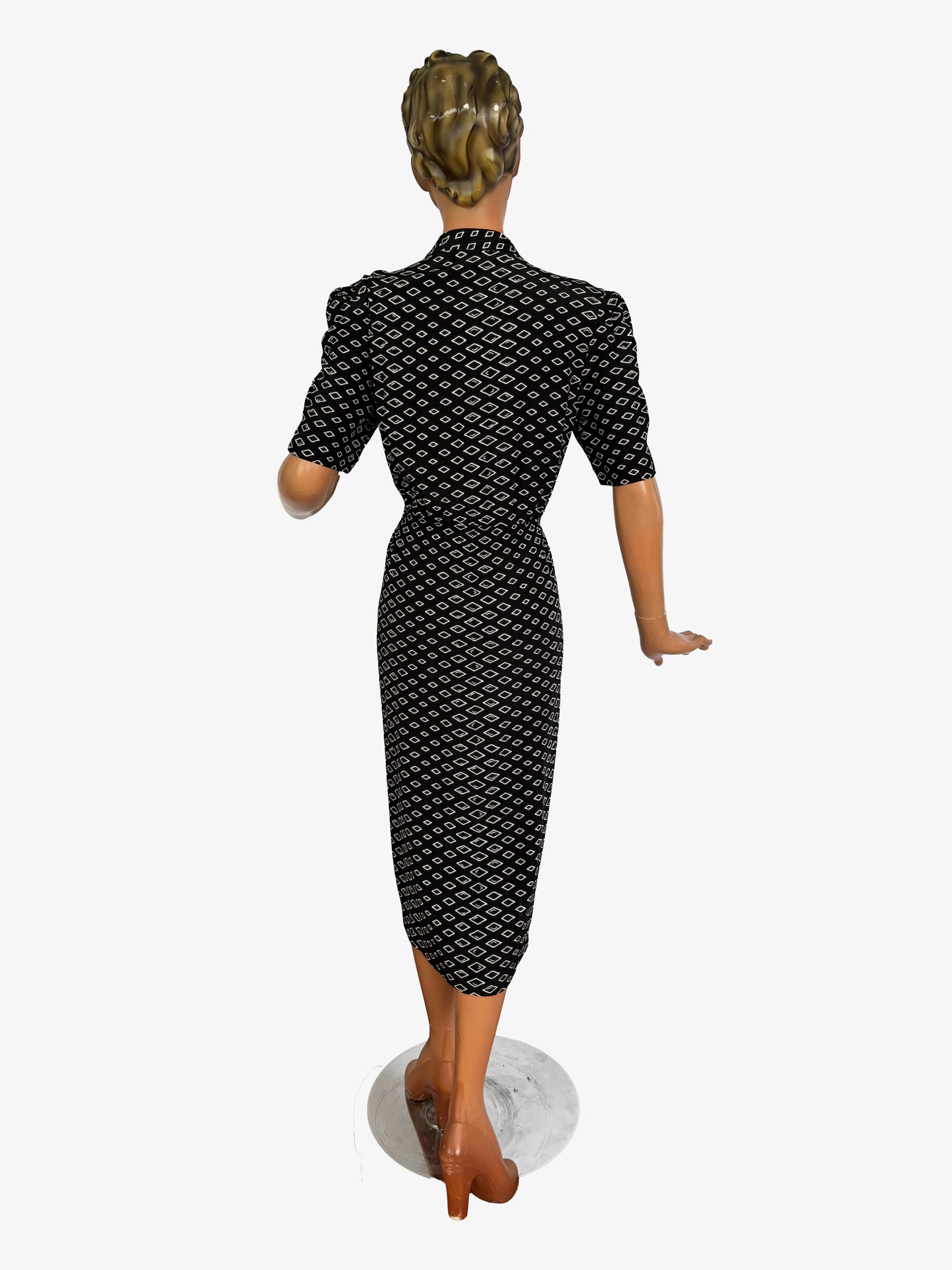L | 1940s Style Black and White Wrap Dress With Diamond Print