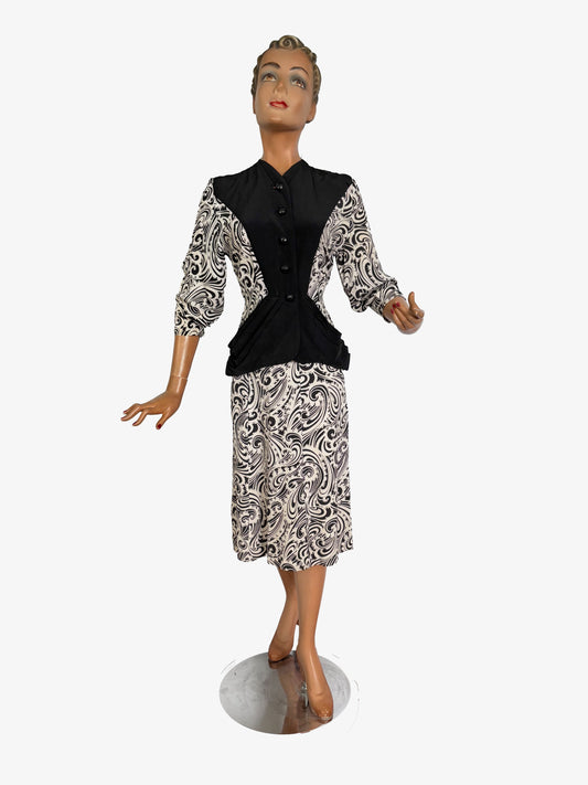 S | 1940s Black and White Paisley Print Two-Piece Suit
