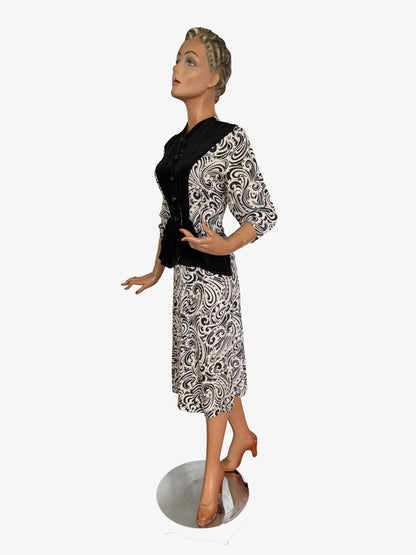 S | 1940s Black and White Paisley Print Two-Piece Suit