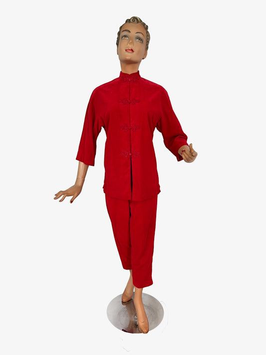 XS/S | 1950s/60s Dynasty Red Velvet Cheongsam Style Pants Set Made For Bullock’s