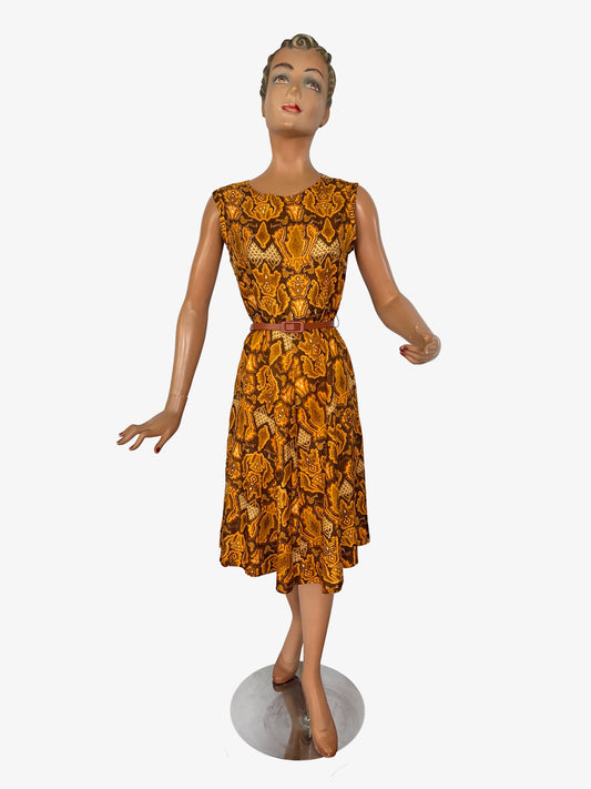 S | 1960s Silk Dress With Batik Style Print