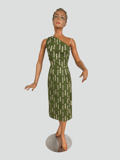 XS | 1950s Style One Shoulder Green Cotton Dress