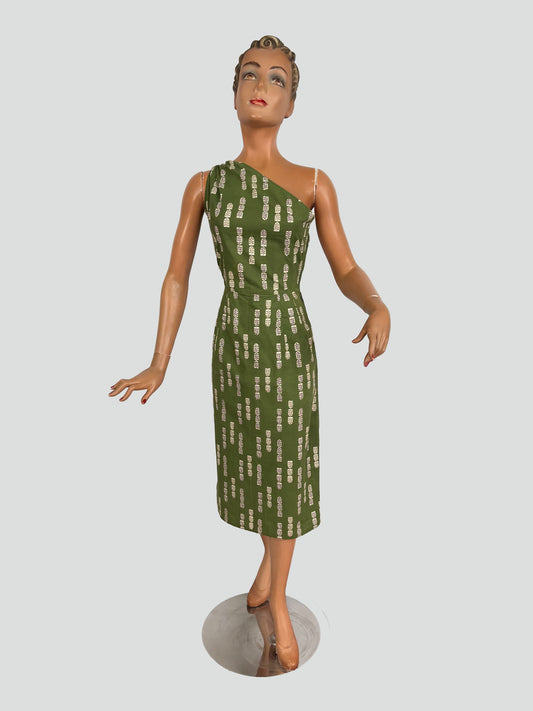 XS | 1950s Style One Shoulder Green Cotton Dress