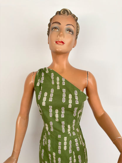XS | 1950s Style One Shoulder Green Cotton Dress