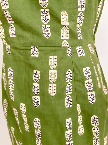 XS | 1950s Style One Shoulder Green Cotton Dress