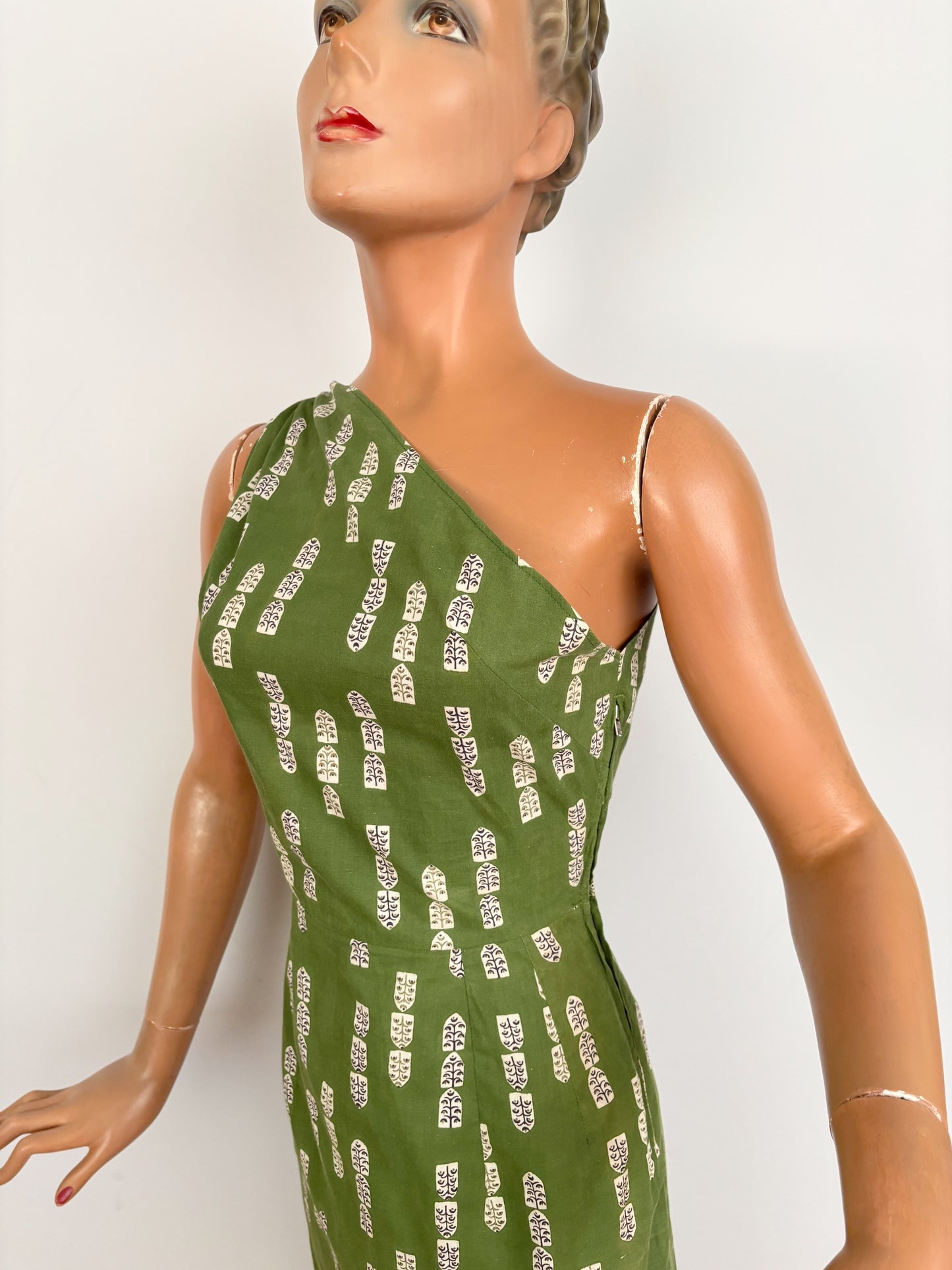 XS | 1950s Style One Shoulder Green Cotton Dress