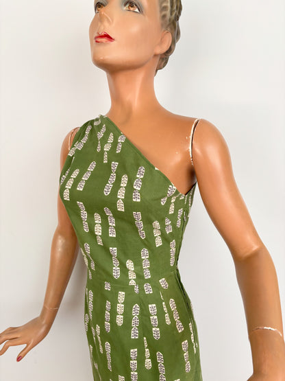 XS | 1950s Style One Shoulder Green Cotton Dress