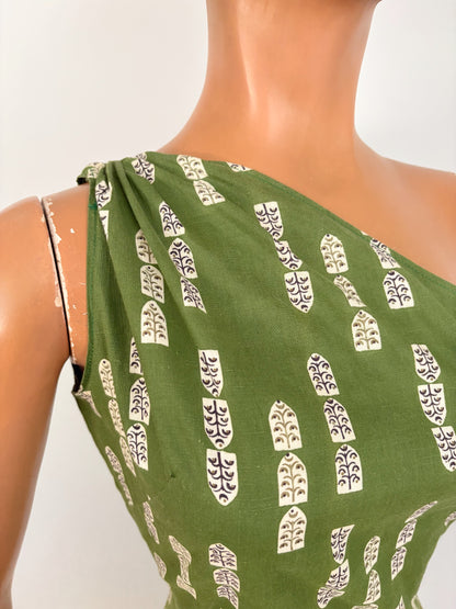 XS | 1950s Style One Shoulder Green Cotton Dress