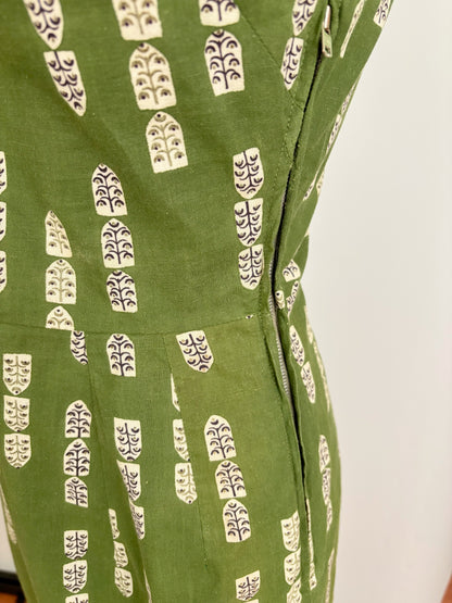 XS | 1950s Style One Shoulder Green Cotton Dress