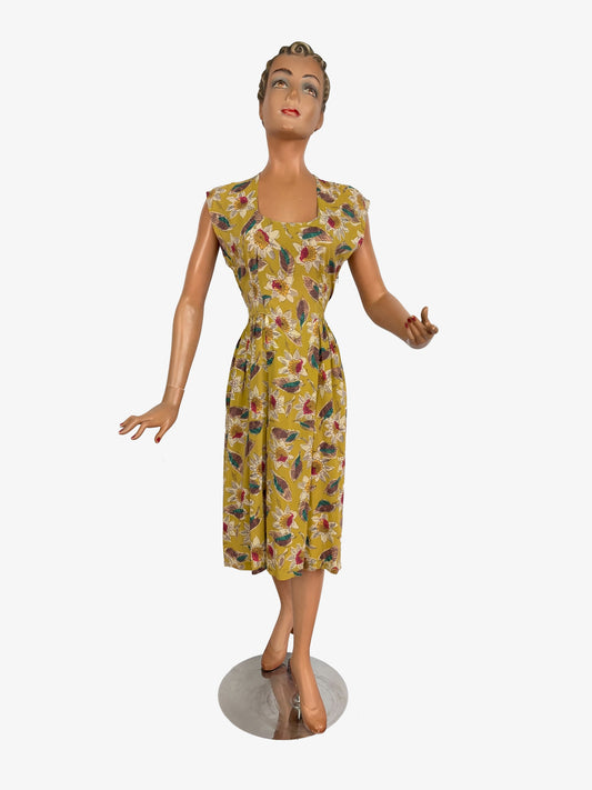 XS | 1940s Mustard Green Rayon Floral Dress