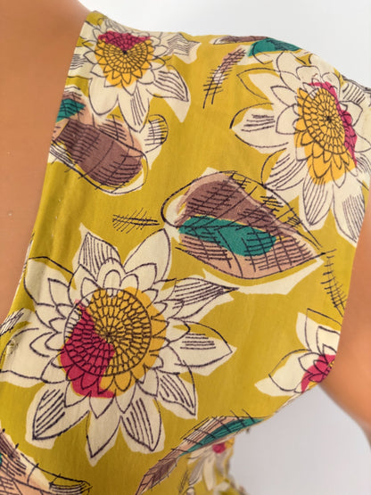 XS | 1940s Mustard Green Rayon Floral Dress