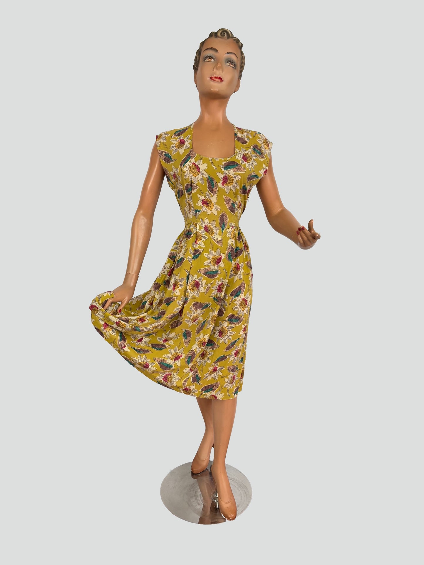 XS | 1940s Mustard Green Rayon Floral Dress