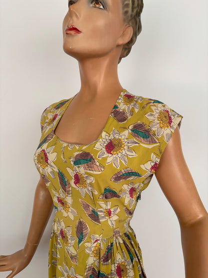 XS | 1940s Mustard Green Rayon Floral Dress