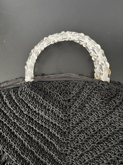 1940s Black Cord Handbag With Lucite Handles