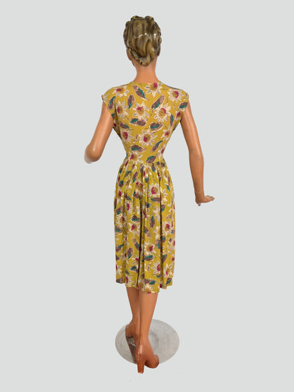 XS | 1940s Mustard Green Rayon Floral Dress