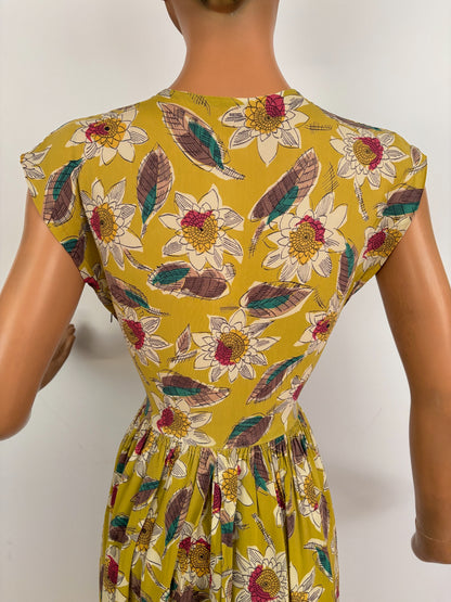 XS | 1940s Mustard Green Rayon Floral Dress