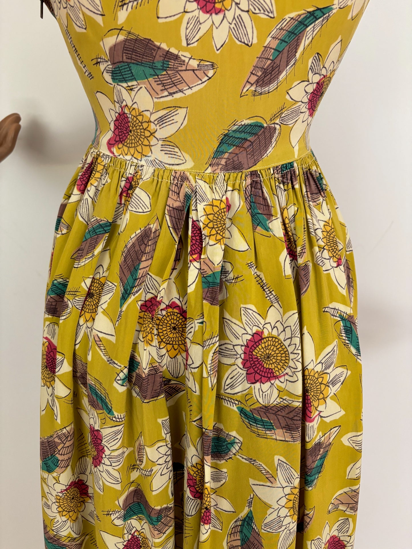 XS | 1940s Mustard Green Rayon Floral Dress
