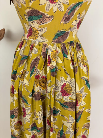 XS | 1940s Mustard Green Rayon Floral Dress