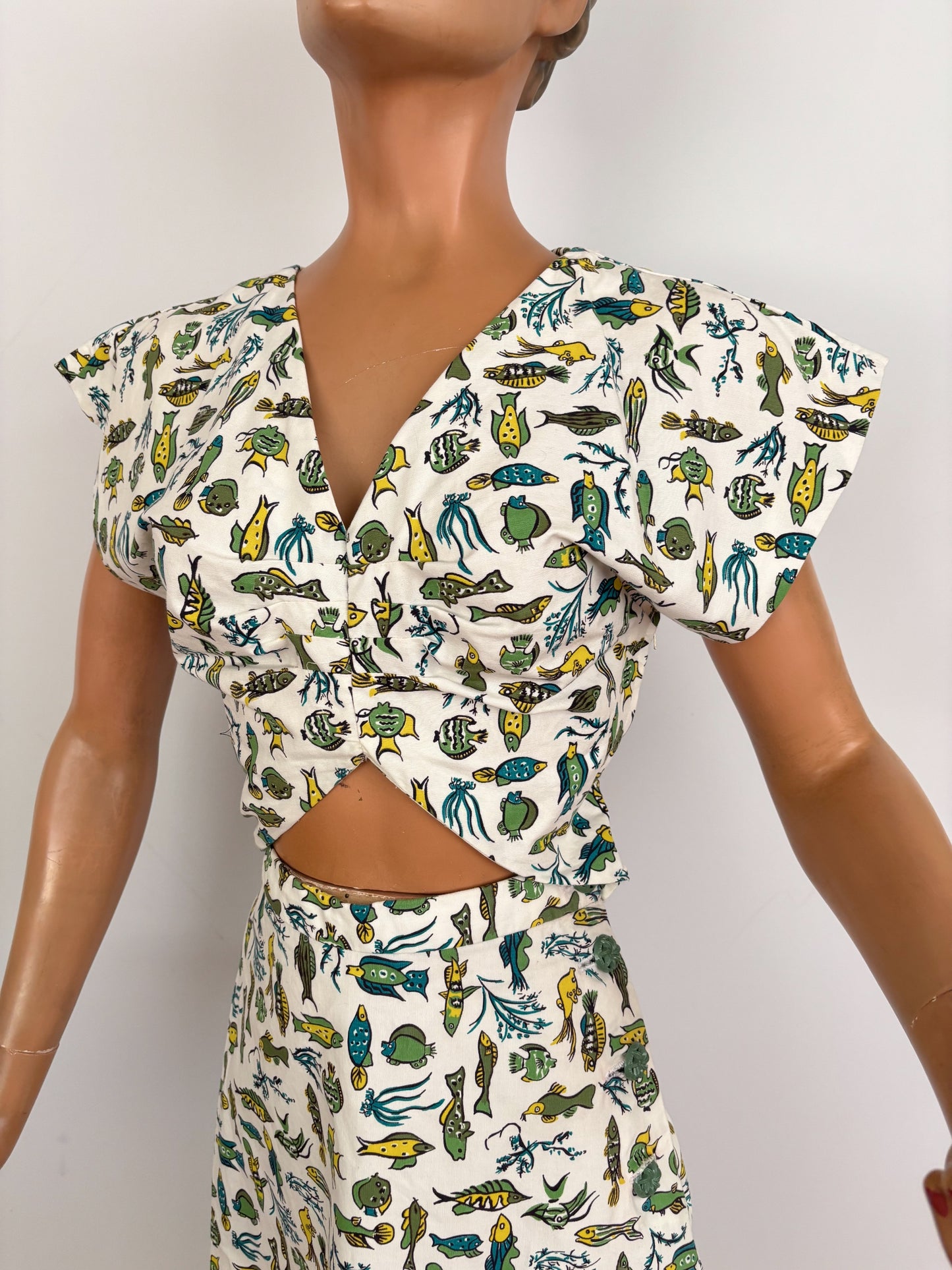 XS | 1950s Style Fish Novelty Print Cotton Dress