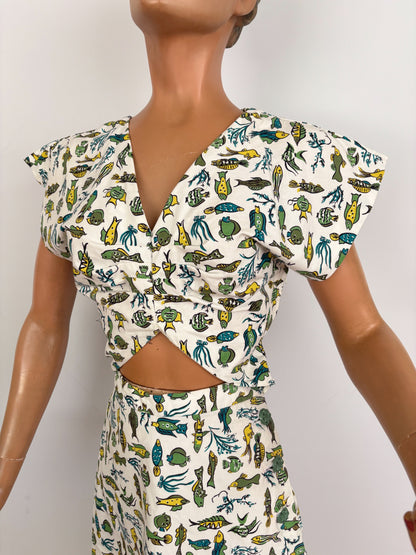 XS | 1950s Style Fish Novelty Print Cotton Dress