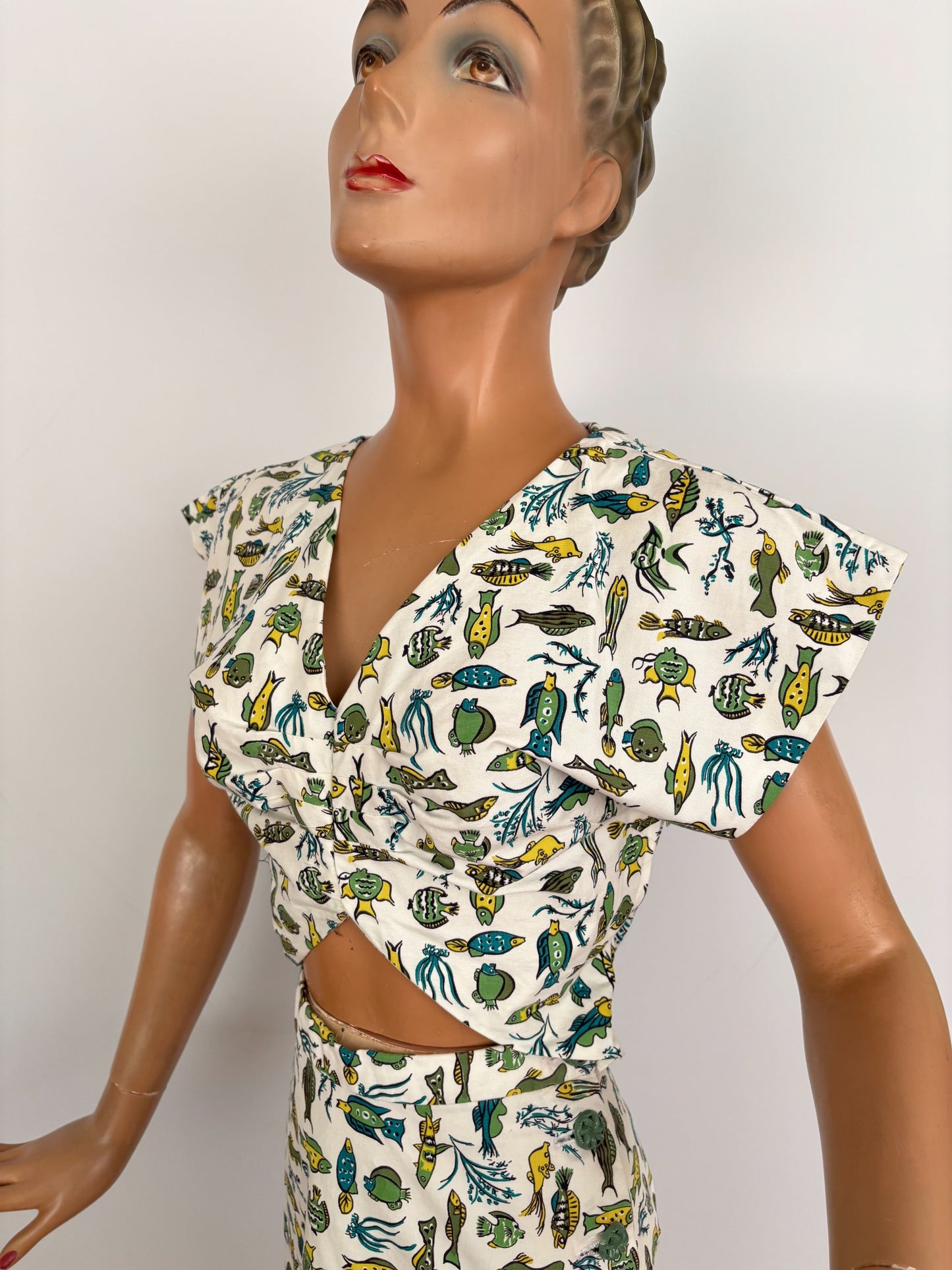 XS | 1950s Style Fish Novelty Print Cotton Dress