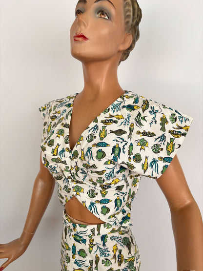 XS | 1950s Style Fish Novelty Print Cotton Dress