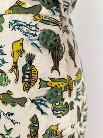 XS | 1950s Style Fish Novelty Print Cotton Dress