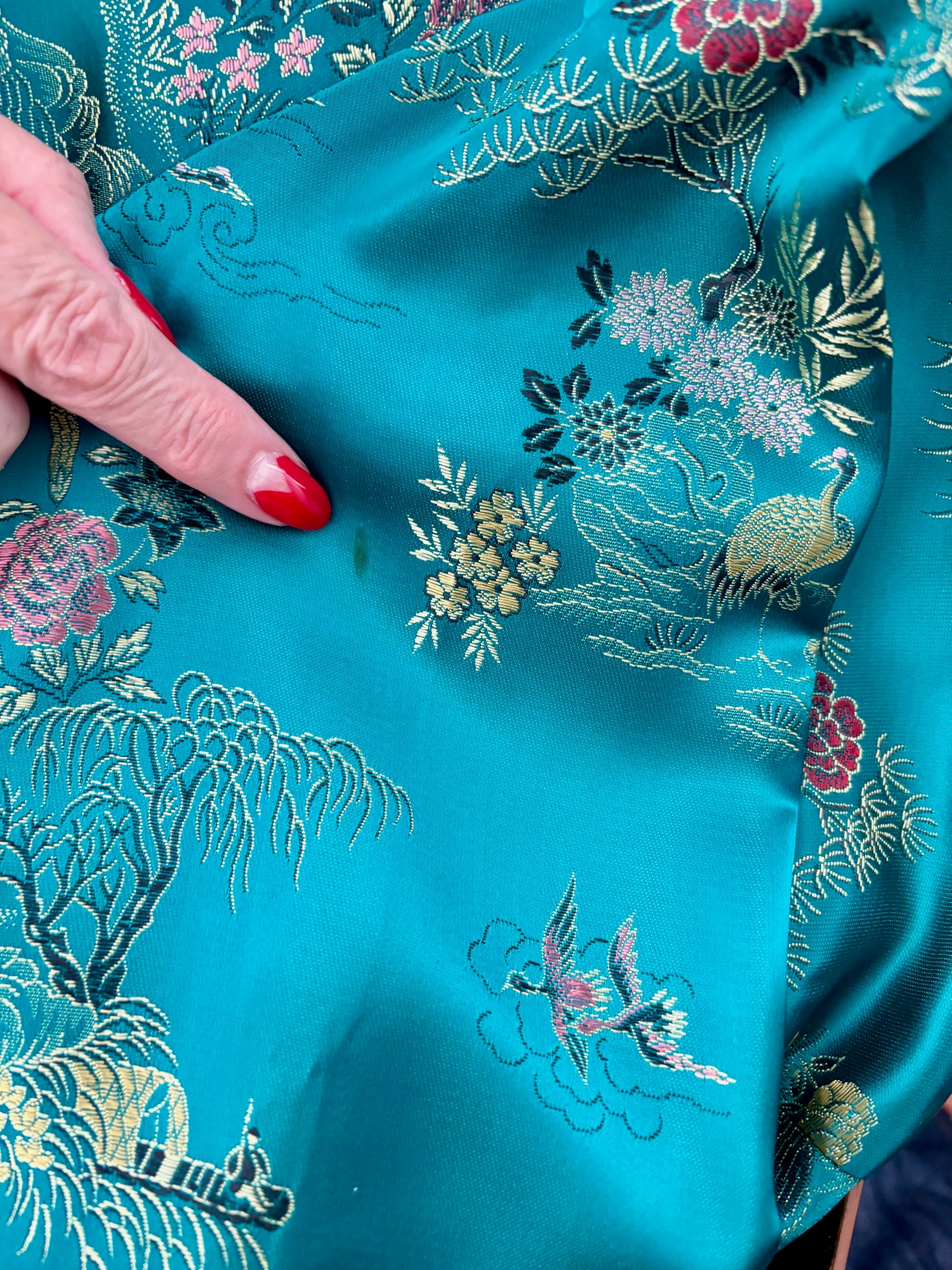 L/XL | 1950s Teal Green Satin Brocade Hostess Dress With Frog Closures