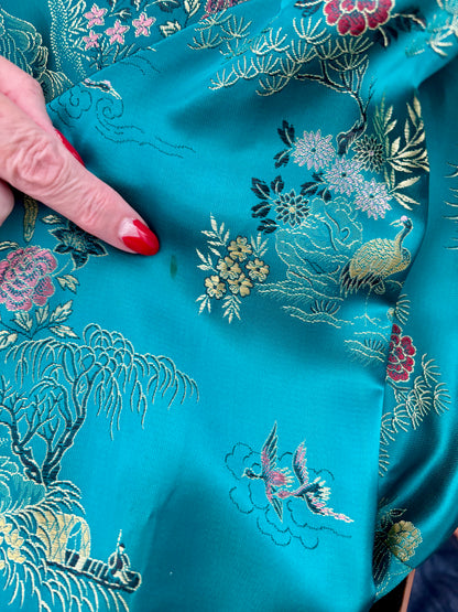 L/XL | 1950s Teal Green Satin Brocade Hostess Dress With Frog Closures