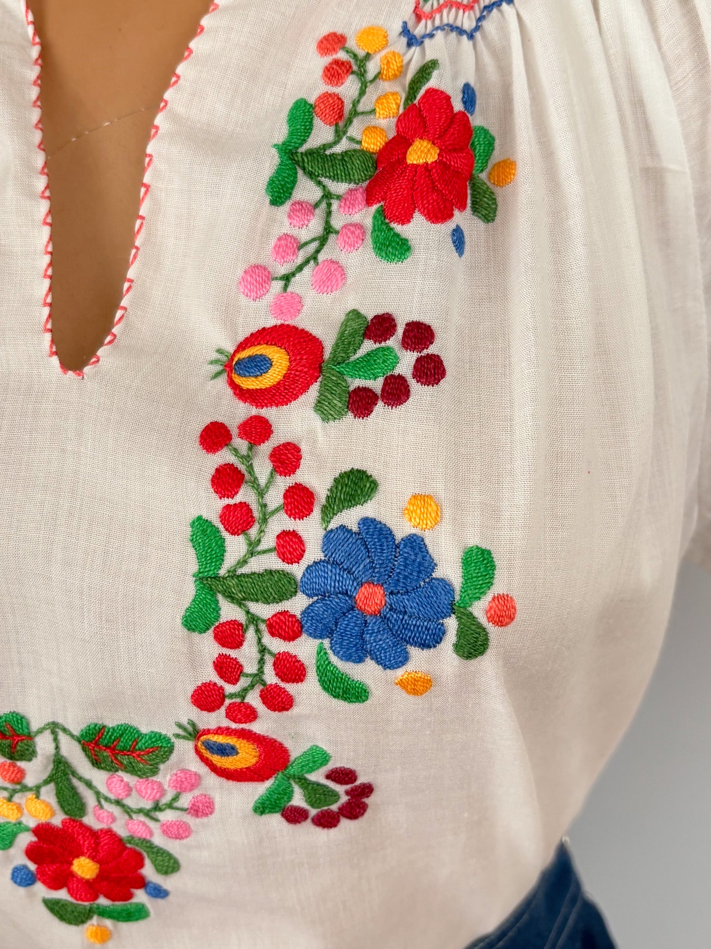 M/L | 1970s Hungarian Folk Blouse with Floral Embroidery