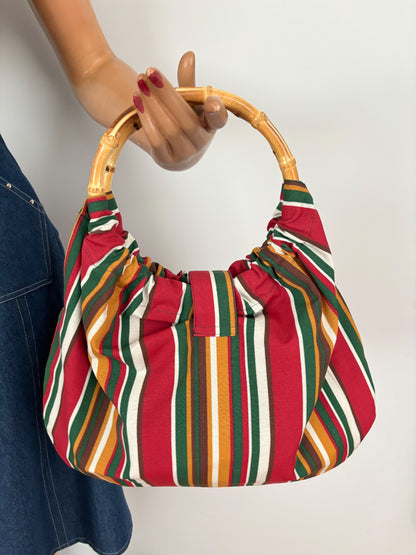1950s Style Striped Cotton Handbag w. Bamboo Handles
