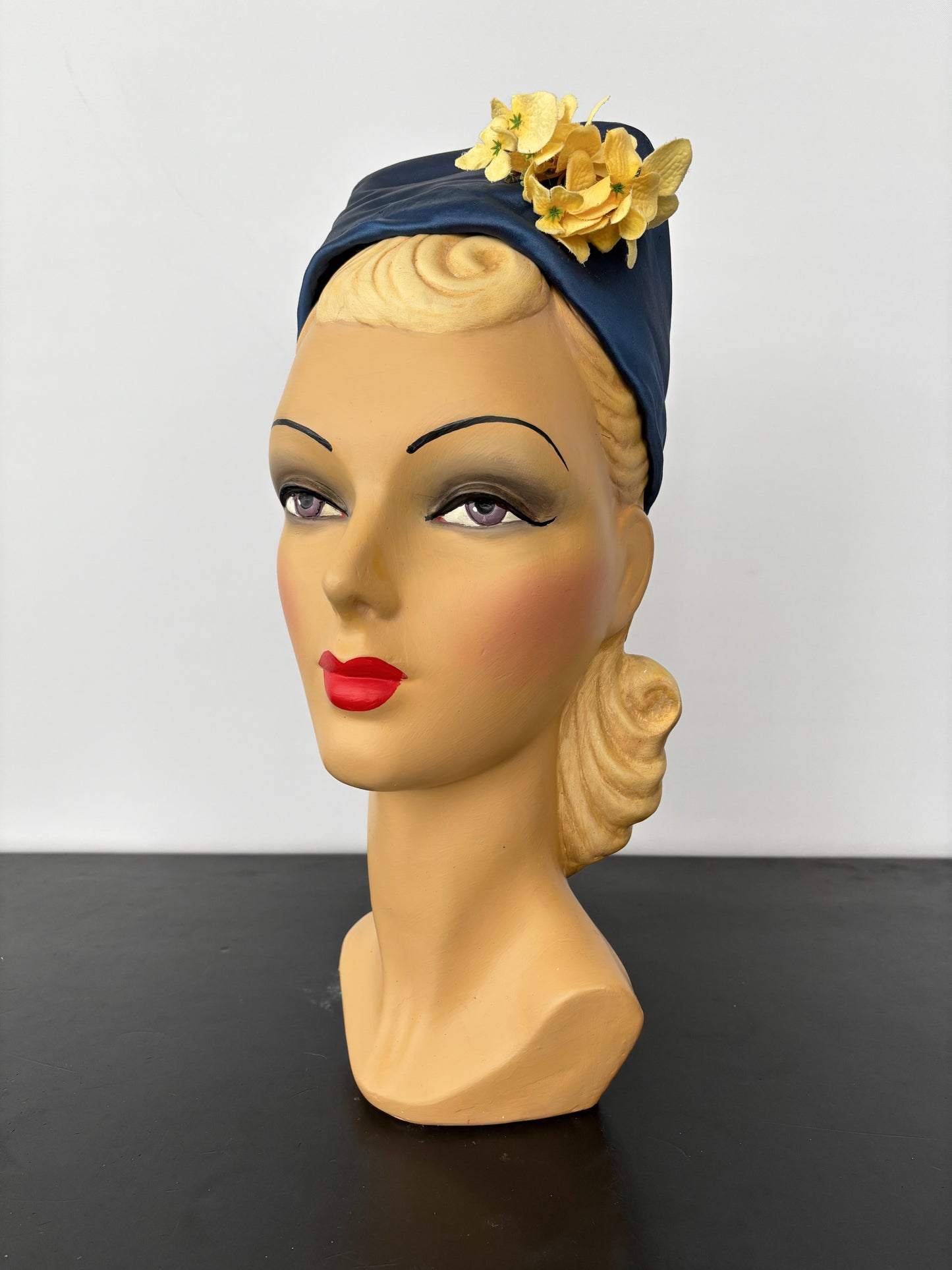 1950s Blue Satin Half Hat with Yellow Flowers Application