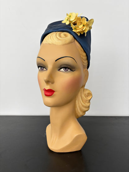 1950s Blue Satin Half Hat with Yellow Flowers Application