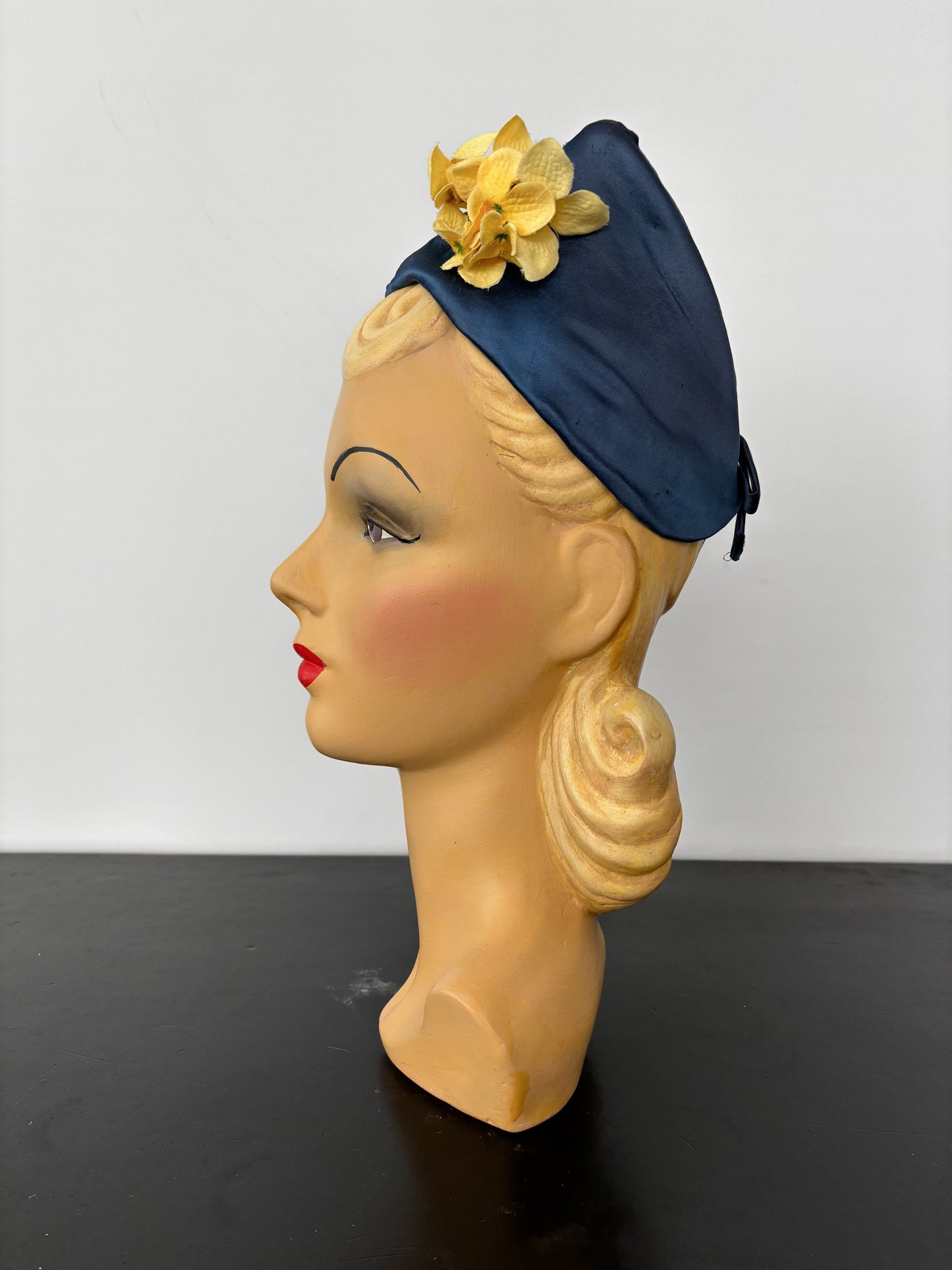 1950s Blue Satin Half Hat with Yellow Flowers Application