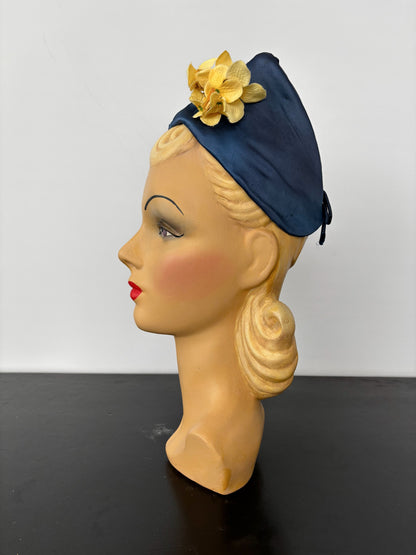1950s Blue Satin Half Hat with Yellow Flowers Application