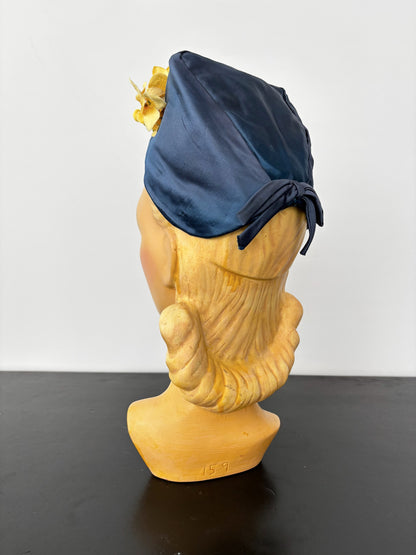 1950s Blue Satin Half Hat with Yellow Flowers Application