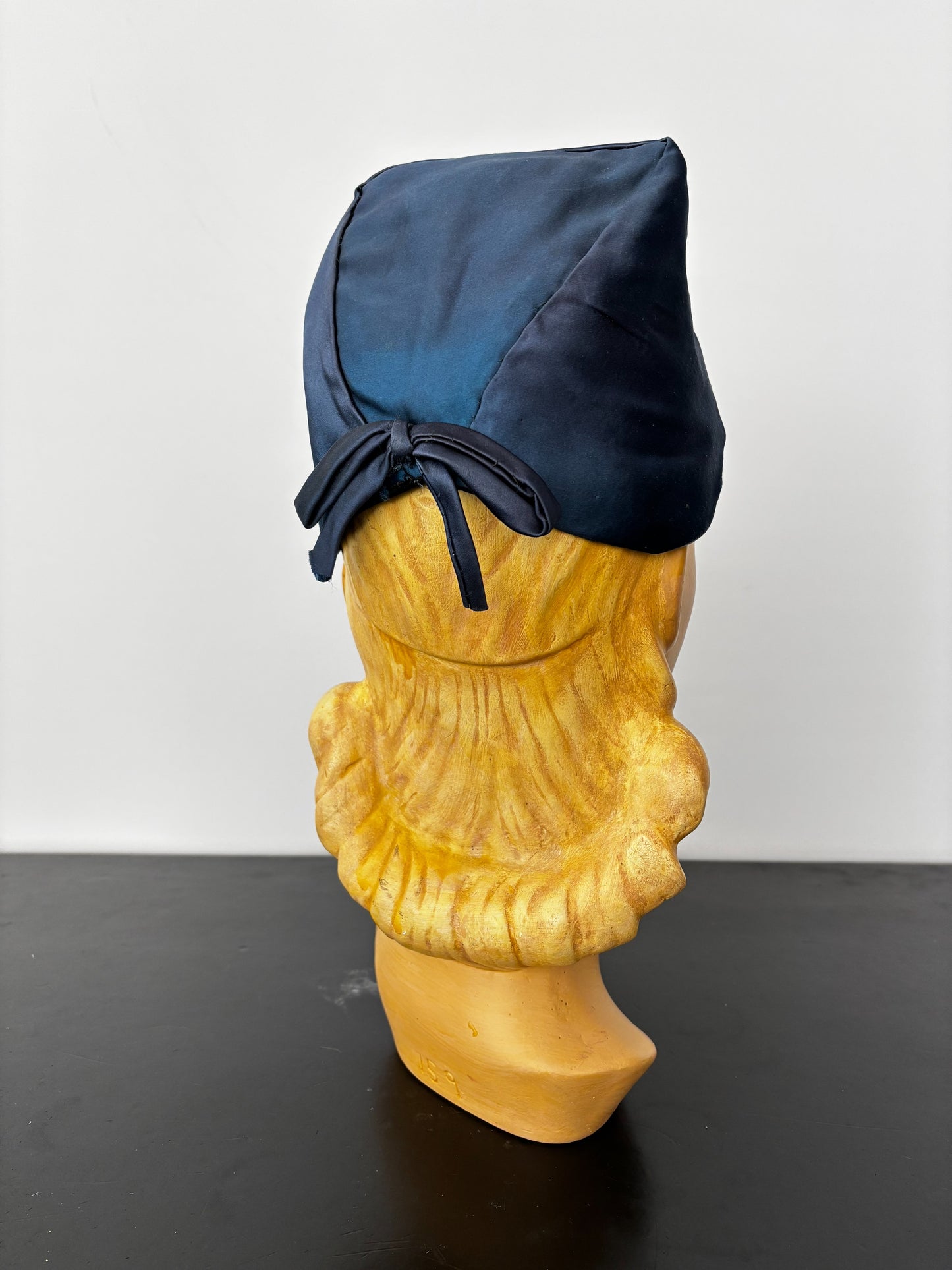 1950s Blue Satin Half Hat with Yellow Flowers Application