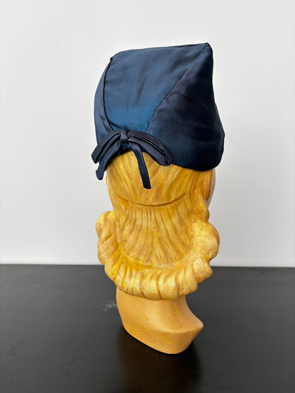 1950s Blue Satin Half Hat with Yellow Flowers Application