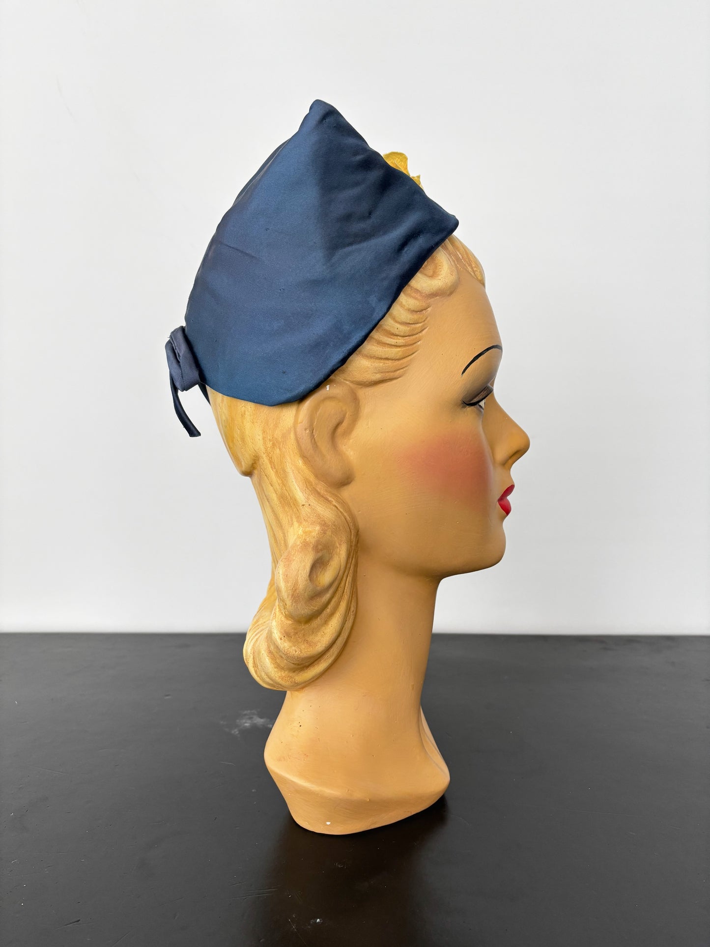 1950s Blue Satin Half Hat with Yellow Flowers Application