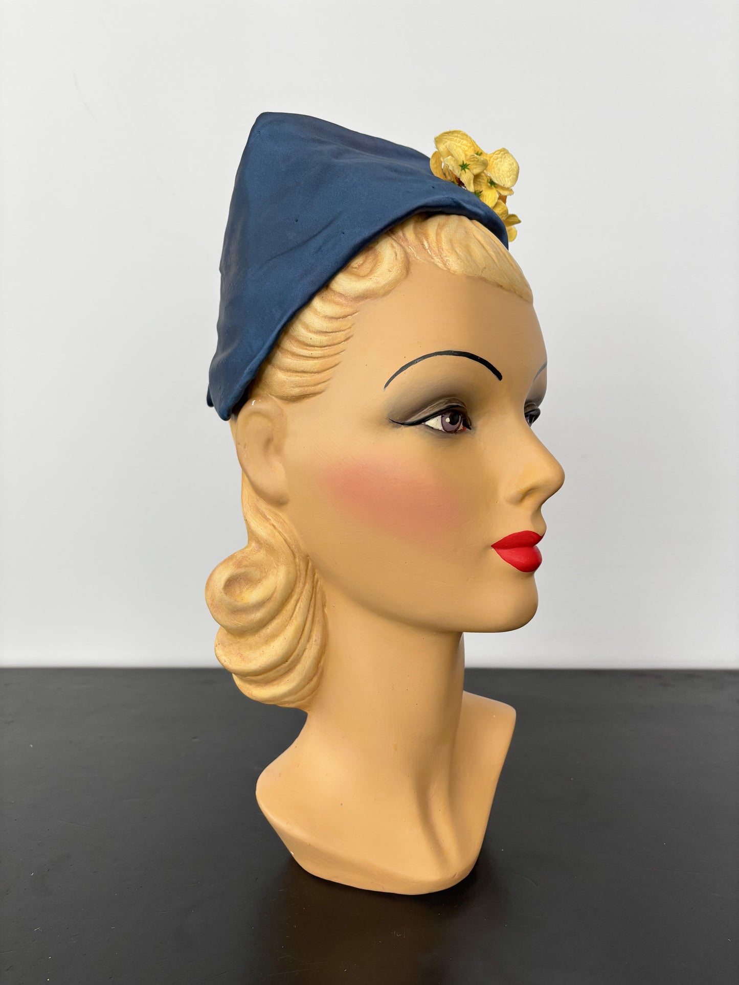 1950s Blue Satin Half Hat with Yellow Flowers Application