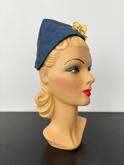 1950s Blue Satin Half Hat with Yellow Flowers Application