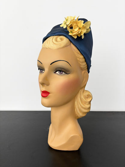 1950s Blue Satin Half Hat with Yellow Flowers Application