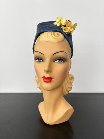1950s Blue Satin Half Hat with Yellow Flowers Application
