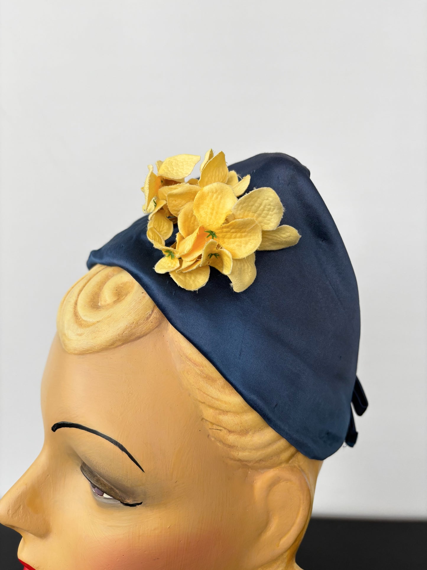 1950s Blue Satin Half Hat with Yellow Flowers Application