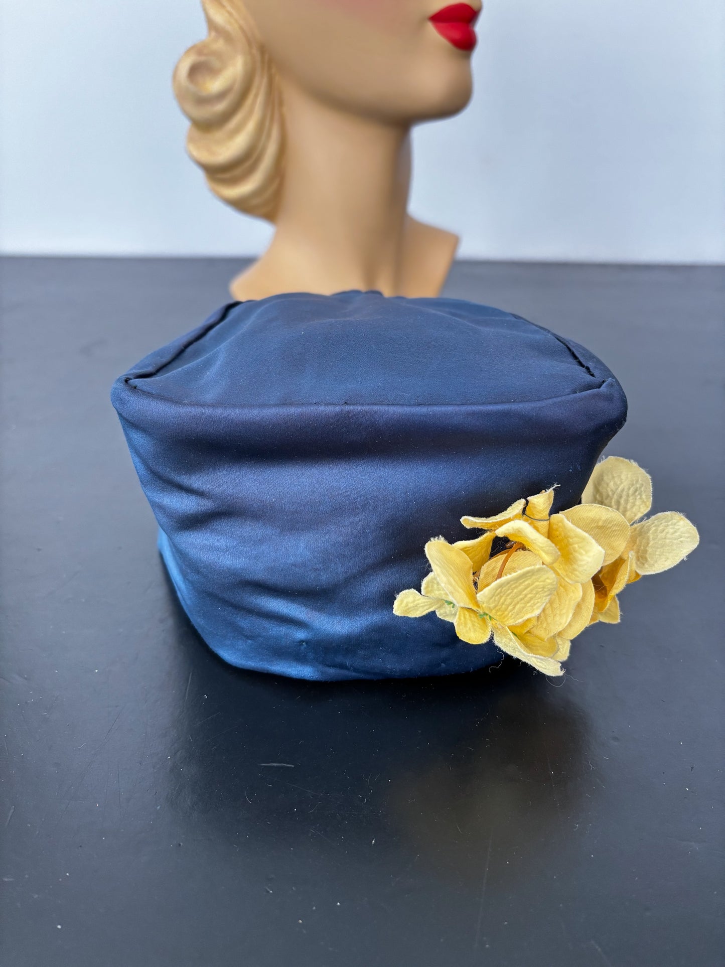 1950s Blue Satin Half Hat with Yellow Flowers Application
