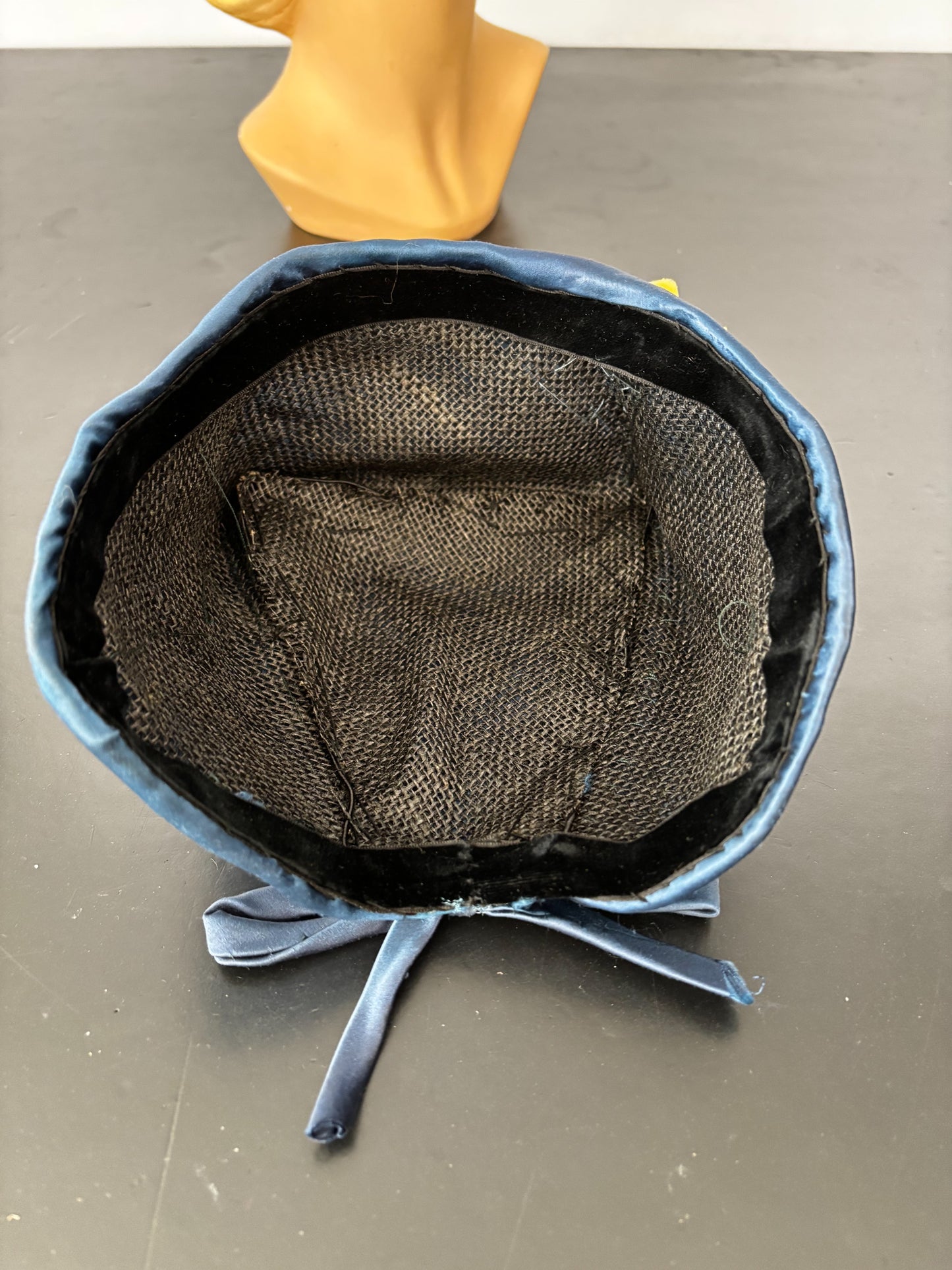 1950s Blue Satin Half Hat with Yellow Flowers Application