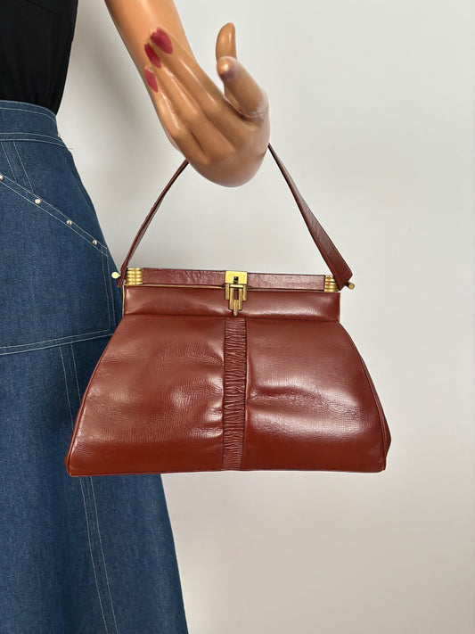 1930s/40s Brown Leather Art Deco Handbag