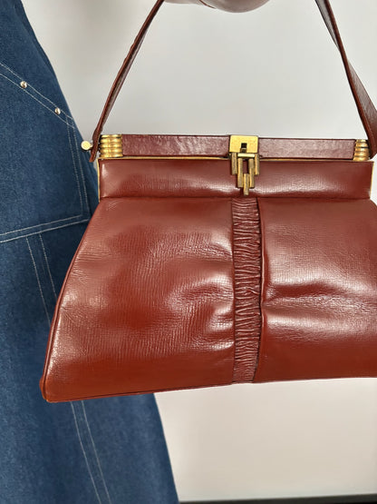 1930s/40s Brown Leather Art Deco Handbag