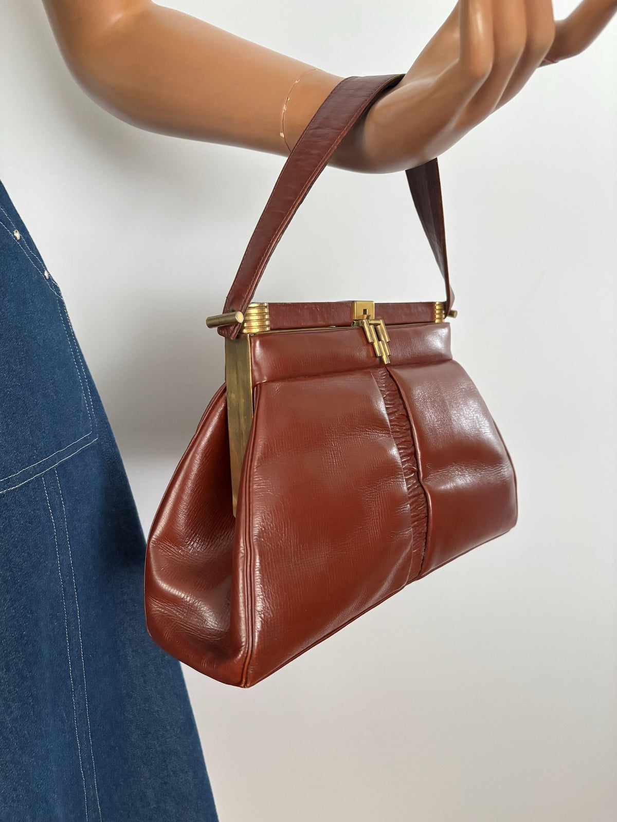 1930s/40s Brown Leather Art Deco Handbag